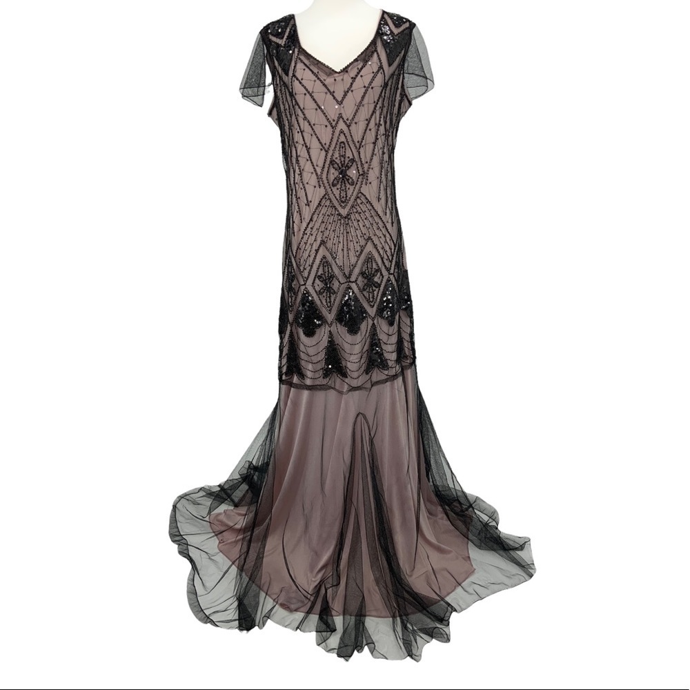 20’s Style Dress Black with Blush Underlay Beads Sequins (rack)